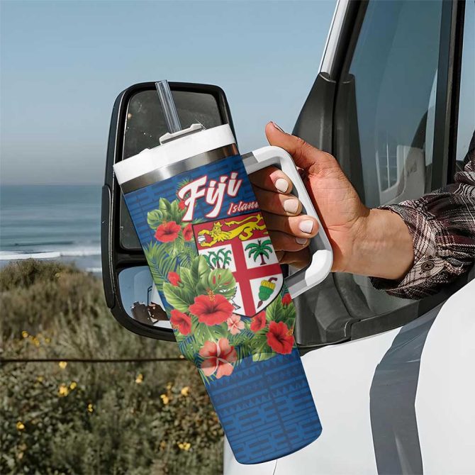 Fiji Island Tropical Flowers And Tapa Custom Stanley Quencher 40Oz Stainless Steel Tumbler With Handle - Image 7