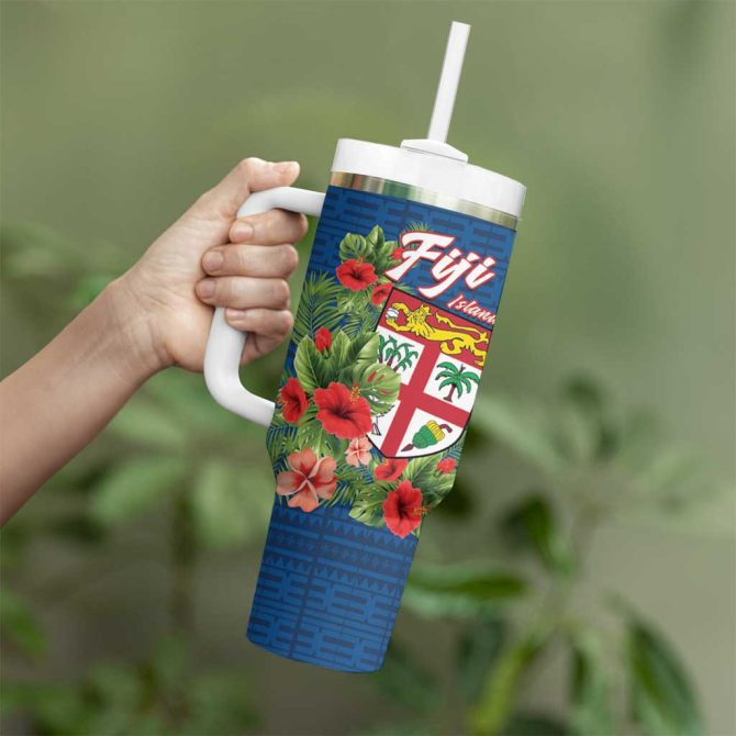 Fiji Island Tropical Flowers And Tapa Custom Stanley Quencher 40Oz Stainless Steel Tumbler With Handle - Image 3