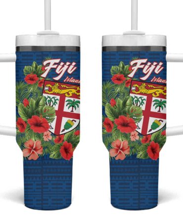 Fiji Island Tropical Flowers And Tapa Custom Stanley Quencher 40Oz Stainless Steel Tumbler With Handle