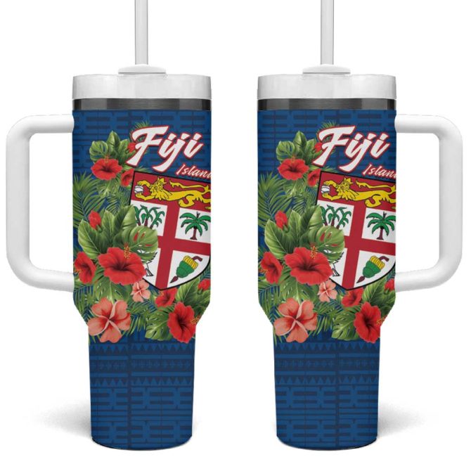 Fiji Island Tropical Flowers And Tapa Custom Stanley Quencher 40Oz Stainless Steel Tumbler With Handle