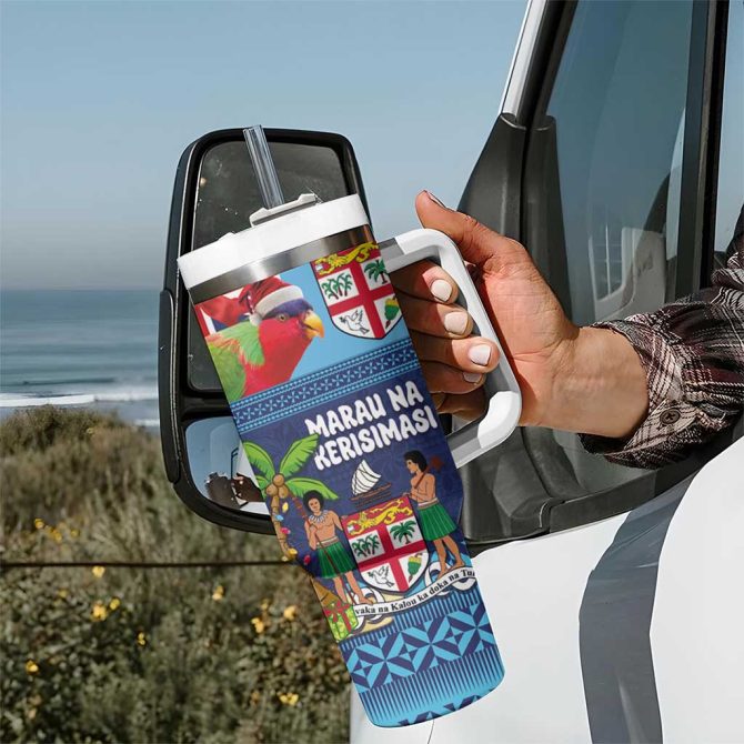 Fiji Marau Na Kerisimasi Christmas Collared Lory Fiji Emblems Custom Stanley Quencher 40Oz Stainless Steel Tumbler With Handle - Image 7