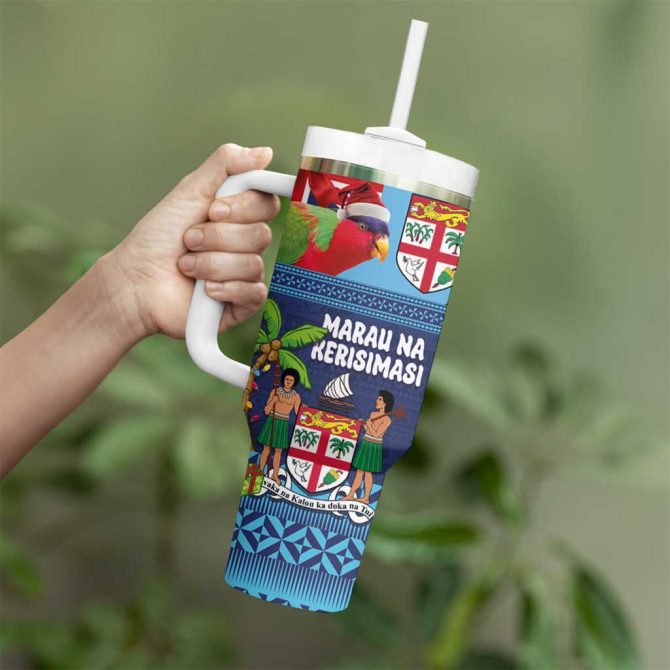 Fiji Marau Na Kerisimasi Christmas Collared Lory Fiji Emblems Custom Stanley Quencher 40Oz Stainless Steel Tumbler With Handle - Image 3