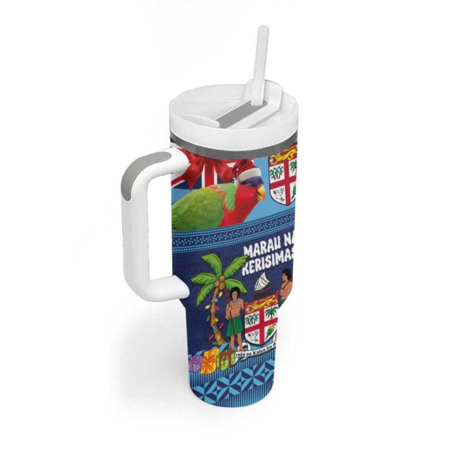 Fiji Marau Na Kerisimasi Christmas Collared Lory Fiji Emblems Custom Stanley Quencher 40Oz Stainless Steel Tumbler With Handle - Image 2