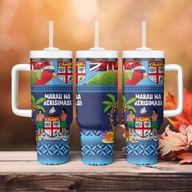 Fiji Marau Na Kerisimasi Christmas Collared Lory Fiji Emblems Custom Stanley Quencher 40Oz Stainless Steel Tumbler With Handle - Image 4
