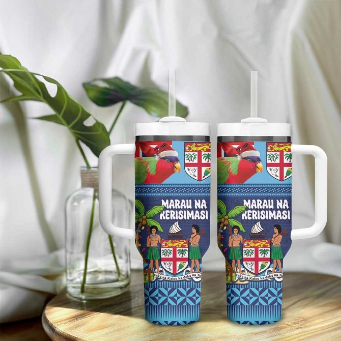 Fiji Marau Na Kerisimasi Christmas Collared Lory Fiji Emblems Custom Stanley Quencher 40Oz Stainless Steel Tumbler With Handle - Image 9