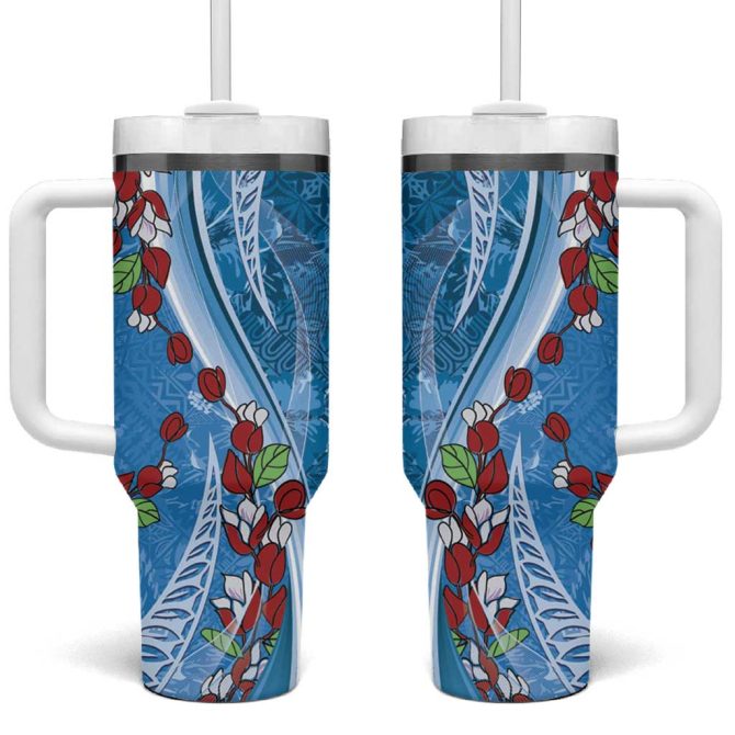 Fiji Tagimaucia Floral Tapa Custom Stanley Quencher 40Oz Stainless Steel Tumbler With Handle