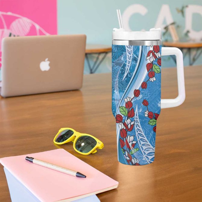 Fiji Tagimaucia Floral Tapa Custom Stanley Quencher 40Oz Stainless Steel Tumbler With Handle - Image 5