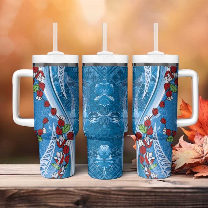 Fiji Tagimaucia Floral Tapa Custom Stanley Quencher 40Oz Stainless Steel Tumbler With Handle - Image 4