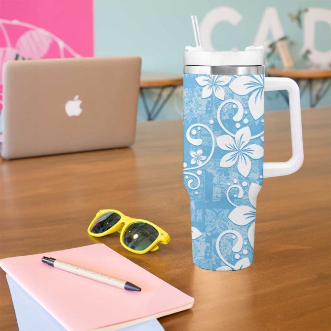 Fiji Tapa Plumeria Floral Custom Stanley Quencher 40Oz Stainless Steel Tumbler With Handle - Image 5