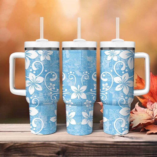Fiji Tapa Plumeria Floral Custom Stanley Quencher 40Oz Stainless Steel Tumbler With Handle - Image 4