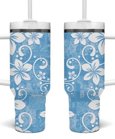Fiji Tapa Plumeria Floral Custom Stanley Quencher 40Oz Stainless Steel Tumbler With Handle