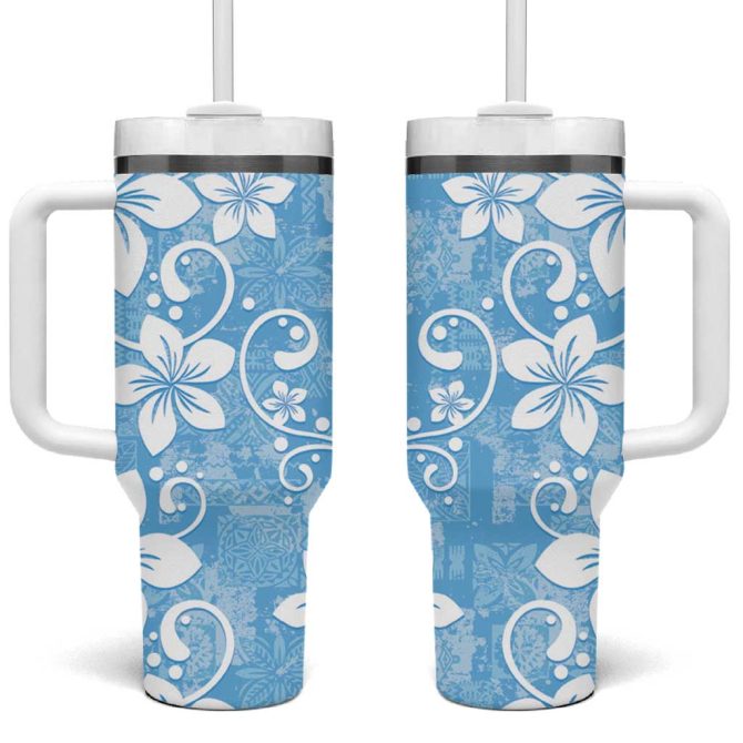 Fiji Tapa Plumeria Floral Custom Stanley Quencher 40Oz Stainless Steel Tumbler With Handle