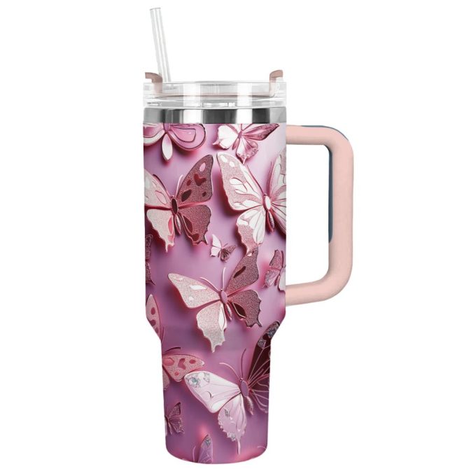 Floating Butterfly Custom Stanley Quencher 40Oz Stainless Steel Tumbler With Handle
