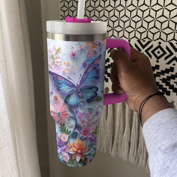 Floral And Butterfly Custom Stanley Quencher 40Oz Stainless Steel Tumbler With Handle - Image 2