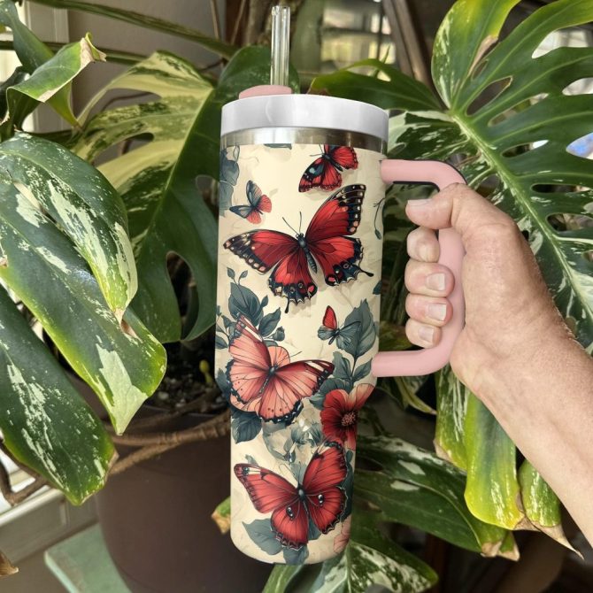Floral And Butterfly Custom Stanley Quencher 40Oz Stainless Steel Tumbler With Handle - Image 2
