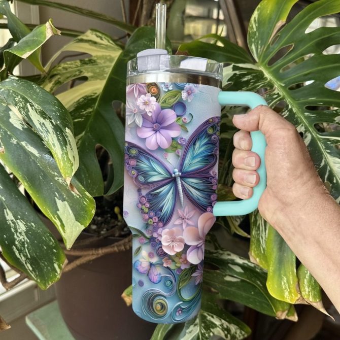 Floral And Butterfly Custom Stanley Quencher 40Oz Stainless Steel Tumbler With Handle - Image 4