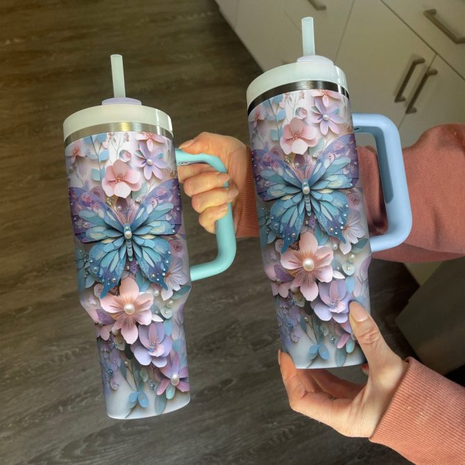 Floral And Butterfly Custom Stanley Quencher 40Oz Stainless Steel Tumbler With Handle - Image 2