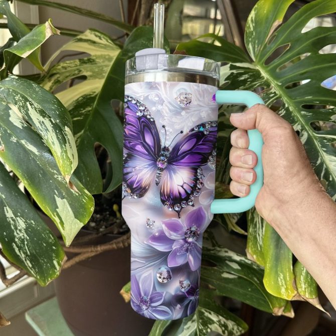 Floral And Butterfly Custom Stanley Quencher 40Oz Stainless Steel Tumbler With Handle - Image 3