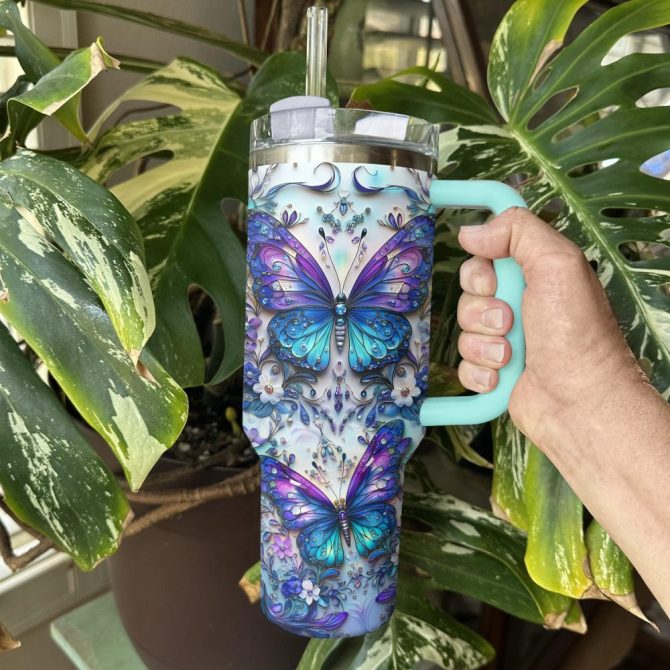 Floral And Butterfly Custom Stanley Quencher 40Oz Stainless Steel Tumbler With Handle - Image 3
