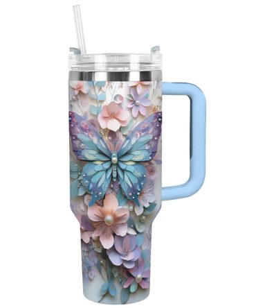 Floral And Butterfly Custom Stanley Quencher 40Oz Stainless Steel Tumbler With Handle