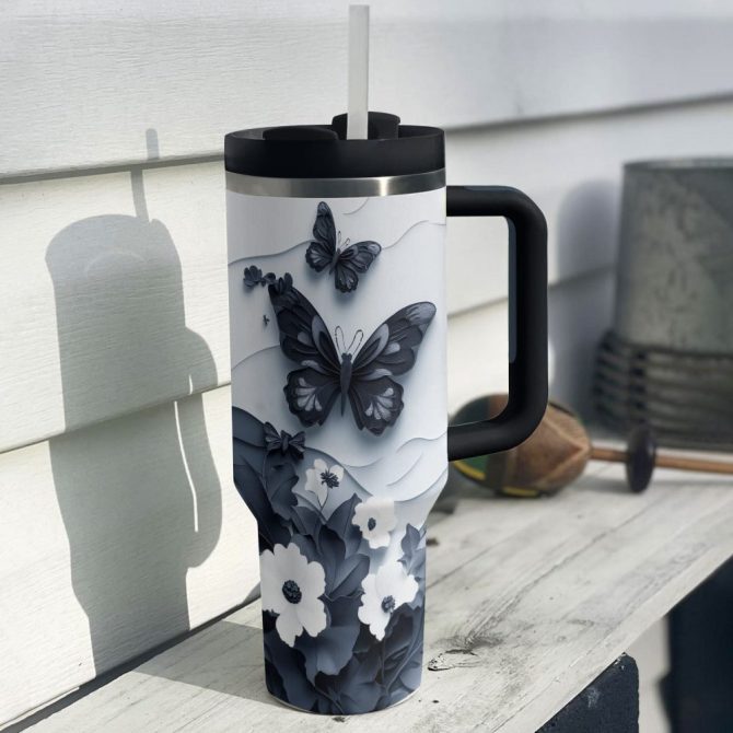 Floral And Butterfly Custom Stanley Quencher 40Oz Stainless Steel Tumbler With Handle - Image 4