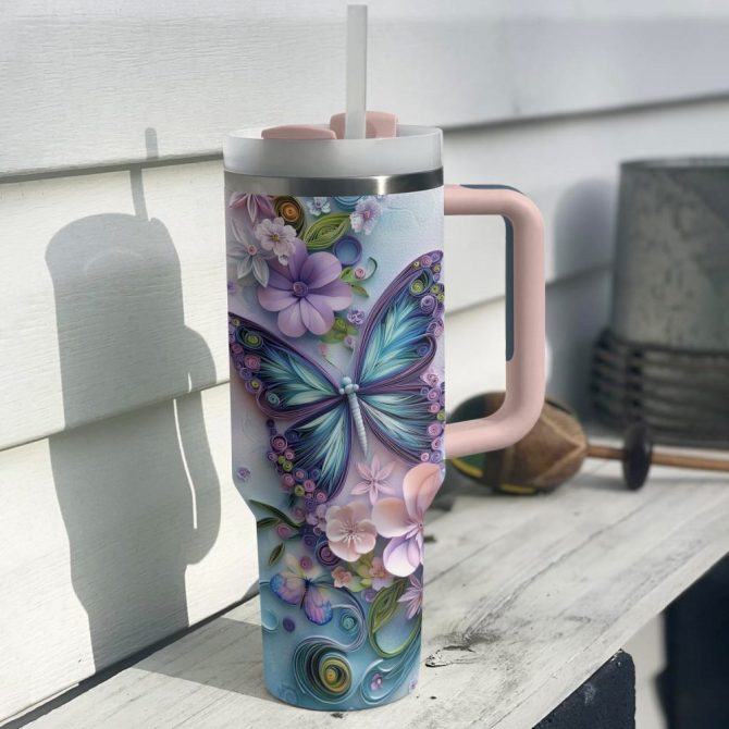 Floral And Butterfly Custom Stanley Quencher 40Oz Stainless Steel Tumbler With Handle - Image 2