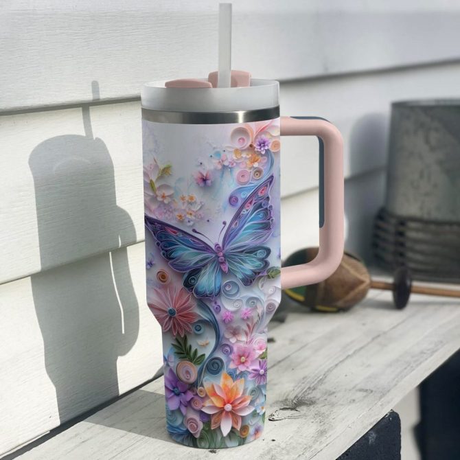 Floral And Butterfly Custom Stanley Quencher 40Oz Stainless Steel Tumbler With Handle - Image 4