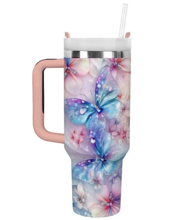 Floral And Butterfly Custom Stanley Quencher 40Oz Stainless Steel Tumbler With Handle