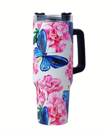 Floral And Butterfly Custom Stanley Quencher 40Oz Stainless Steel Tumbler With Handle