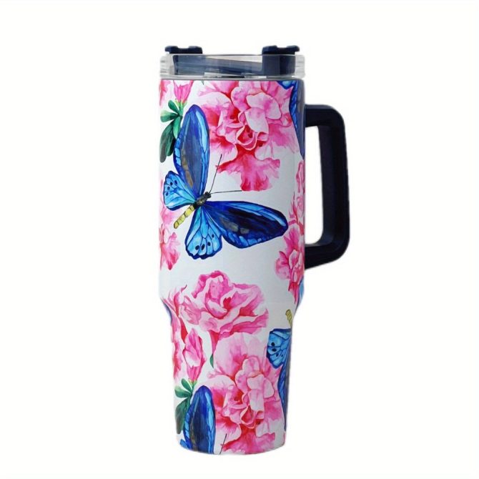 Floral And Butterfly Custom Stanley Quencher 40Oz Stainless Steel Tumbler With Handle