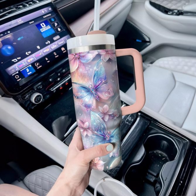 Floral And Butterfly Custom Stanley Quencher 40Oz Stainless Steel Tumbler With Handle - Image 2