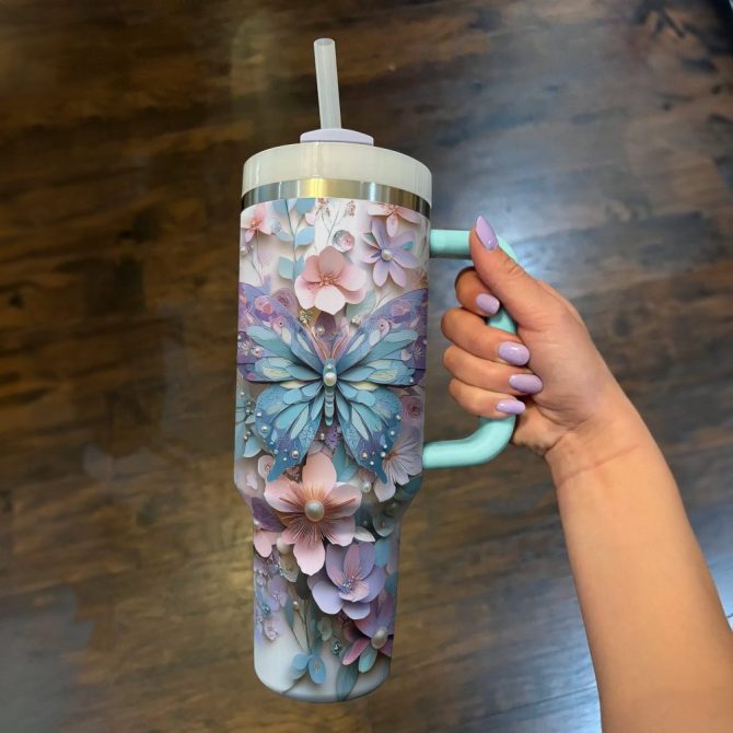 Floral And Butterfly Custom Stanley Quencher 40Oz Stainless Steel Tumbler With Handle - Image 3