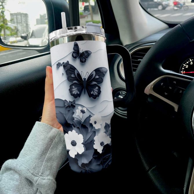 Floral And Butterfly Custom Stanley Quencher 40Oz Stainless Steel Tumbler With Handle - Image 2