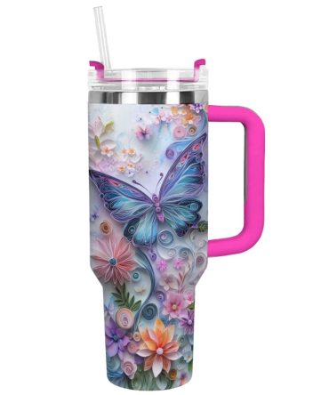 Floral And Butterfly Custom Stanley Quencher 40Oz Stainless Steel Tumbler With Handle
