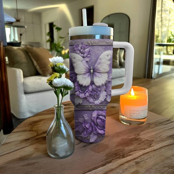 Floral And Butterfly Custom Stanley Quencher 40Oz Stainless Steel Tumbler With Handle - Image 2