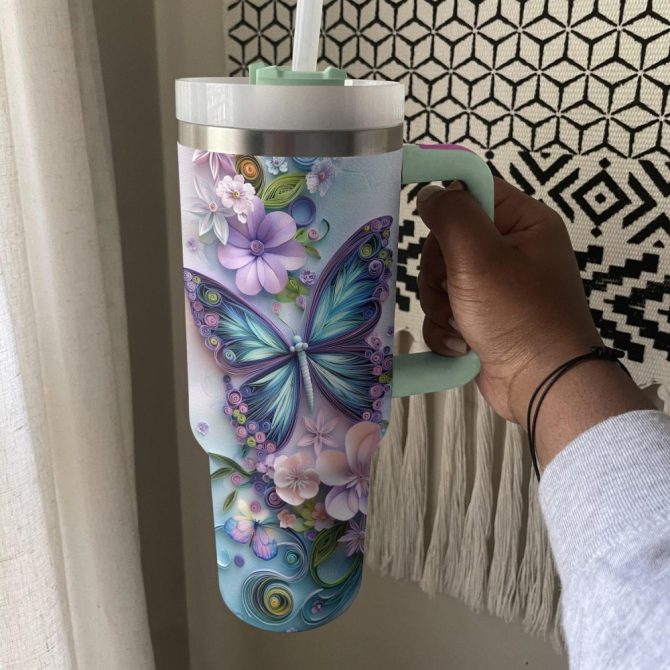Floral And Butterfly Custom Stanley Quencher 40Oz Stainless Steel Tumbler With Handle - Image 3