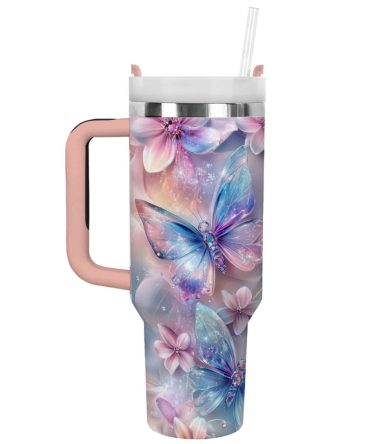 Floral And Butterfly Custom Stanley Quencher 40Oz Stainless Steel Tumbler With Handle