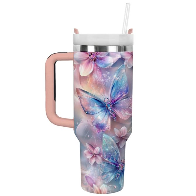 Floral And Butterfly Custom Stanley Quencher 40Oz Stainless Steel Tumbler With Handle