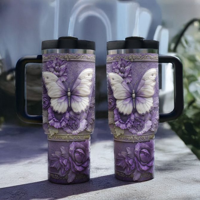 Floral And Butterfly Custom Stanley Quencher 40Oz Stainless Steel Tumbler With Handle - Image 3
