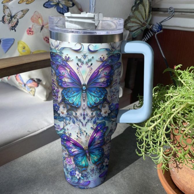 Floral And Butterfly Custom Stanley Quencher 40Oz Stainless Steel Tumbler With Handle - Image 4