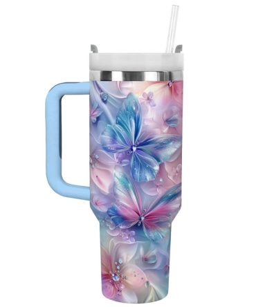 Floral And Butterfly Custom Stanley Quencher 40Oz Stainless Steel Tumbler With Handle