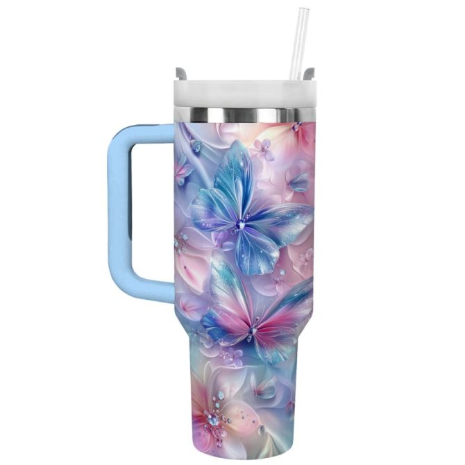 Floral And Butterfly Custom Stanley Quencher 40Oz Stainless Steel Tumbler With Handle