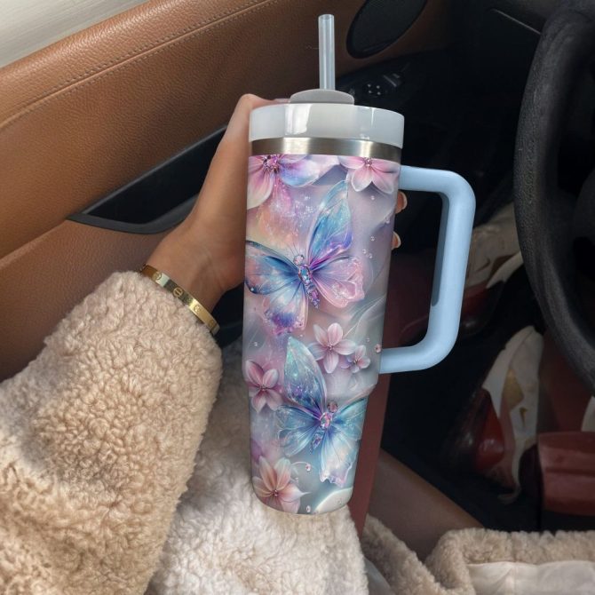 Floral And Butterfly Custom Stanley Quencher 40Oz Stainless Steel Tumbler With Handle - Image 3
