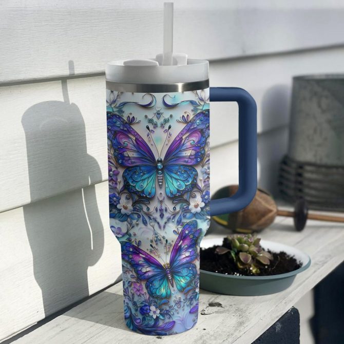 Floral And Butterfly Custom Stanley Quencher 40Oz Stainless Steel Tumbler With Handle - Image 2
