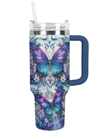 Floral And Butterfly Custom Stanley Quencher 40Oz Stainless Steel Tumbler With Handle