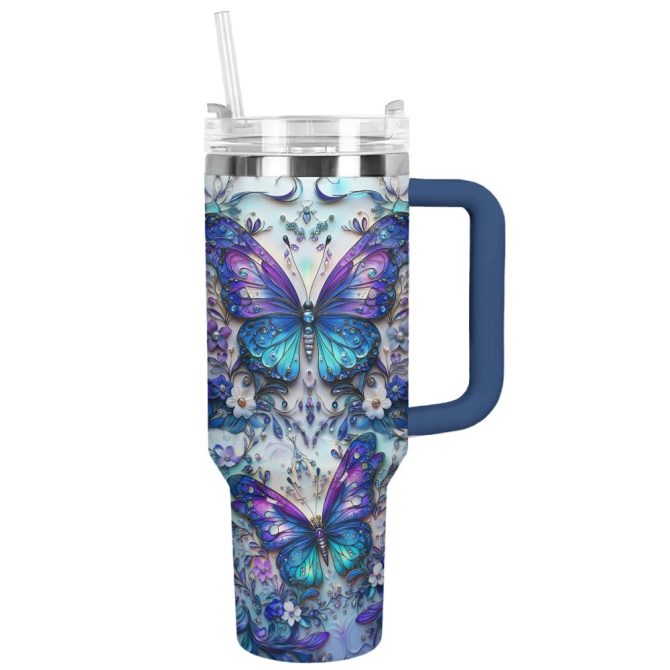 Floral And Butterfly Custom Stanley Quencher 40Oz Stainless Steel Tumbler With Handle