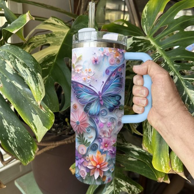 Floral And Butterfly Custom Stanley Quencher 40Oz Stainless Steel Tumbler With Handle - Image 3