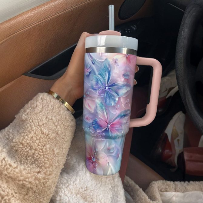 Floral And Butterfly Custom Stanley Quencher 40Oz Stainless Steel Tumbler With Handle - Image 2