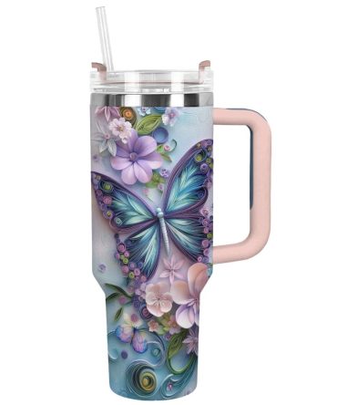 Floral And Butterfly Custom Stanley Quencher 40Oz Stainless Steel Tumbler With Handle