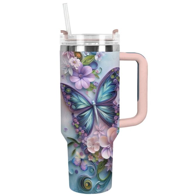 Floral And Butterfly Custom Stanley Quencher 40Oz Stainless Steel Tumbler With Handle